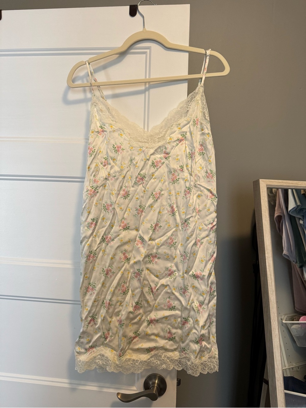 aerie Cream Satin Floral Lace-Trim Slip